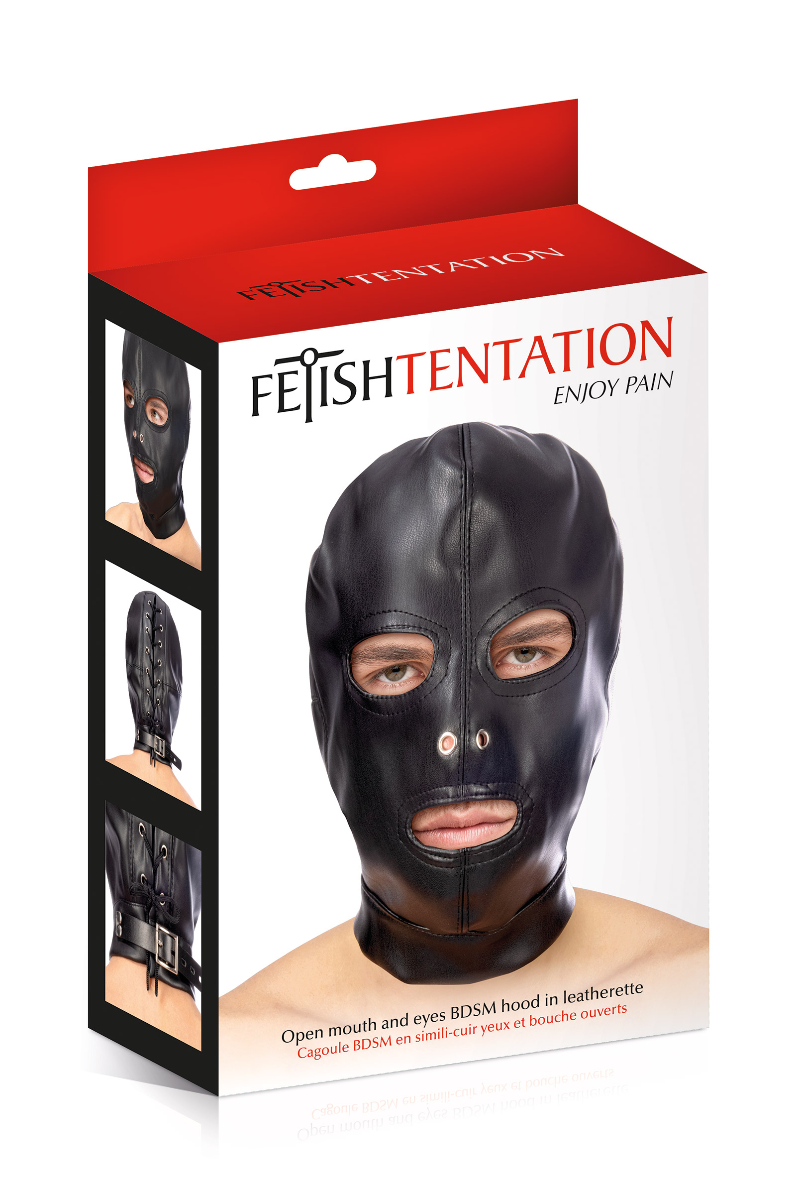 Cagoule BDSM simili-cuir yeux et bouche ouverts