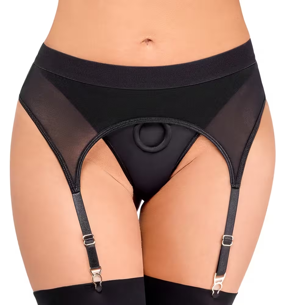Harnais strap-on tulle mesh jarretelles noir